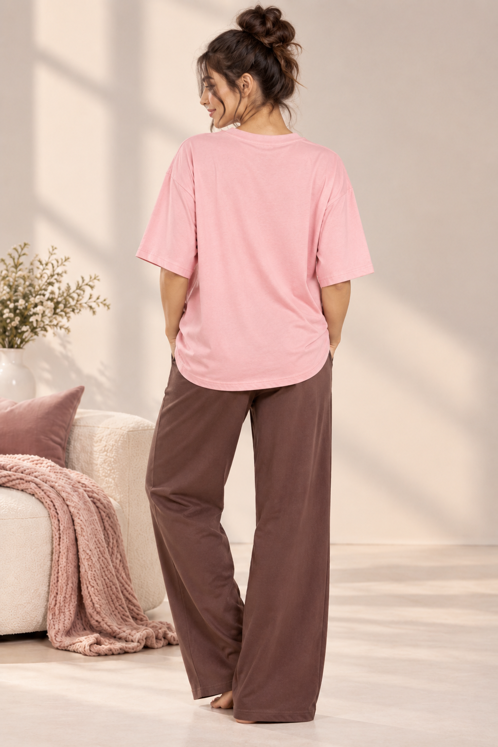 Karavya Women’s Pink Good Vibes Graphic Oversized T-Shirt & Coffee Brown Pajama Nightwear Set
