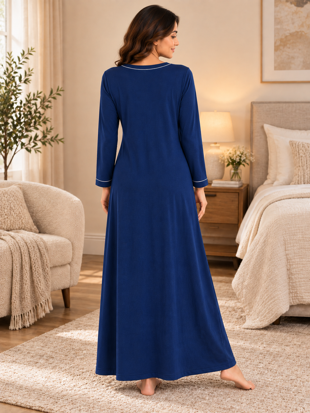 aravya Navy Blue V-Neck Full Sleeve Cotton Long Nighty
