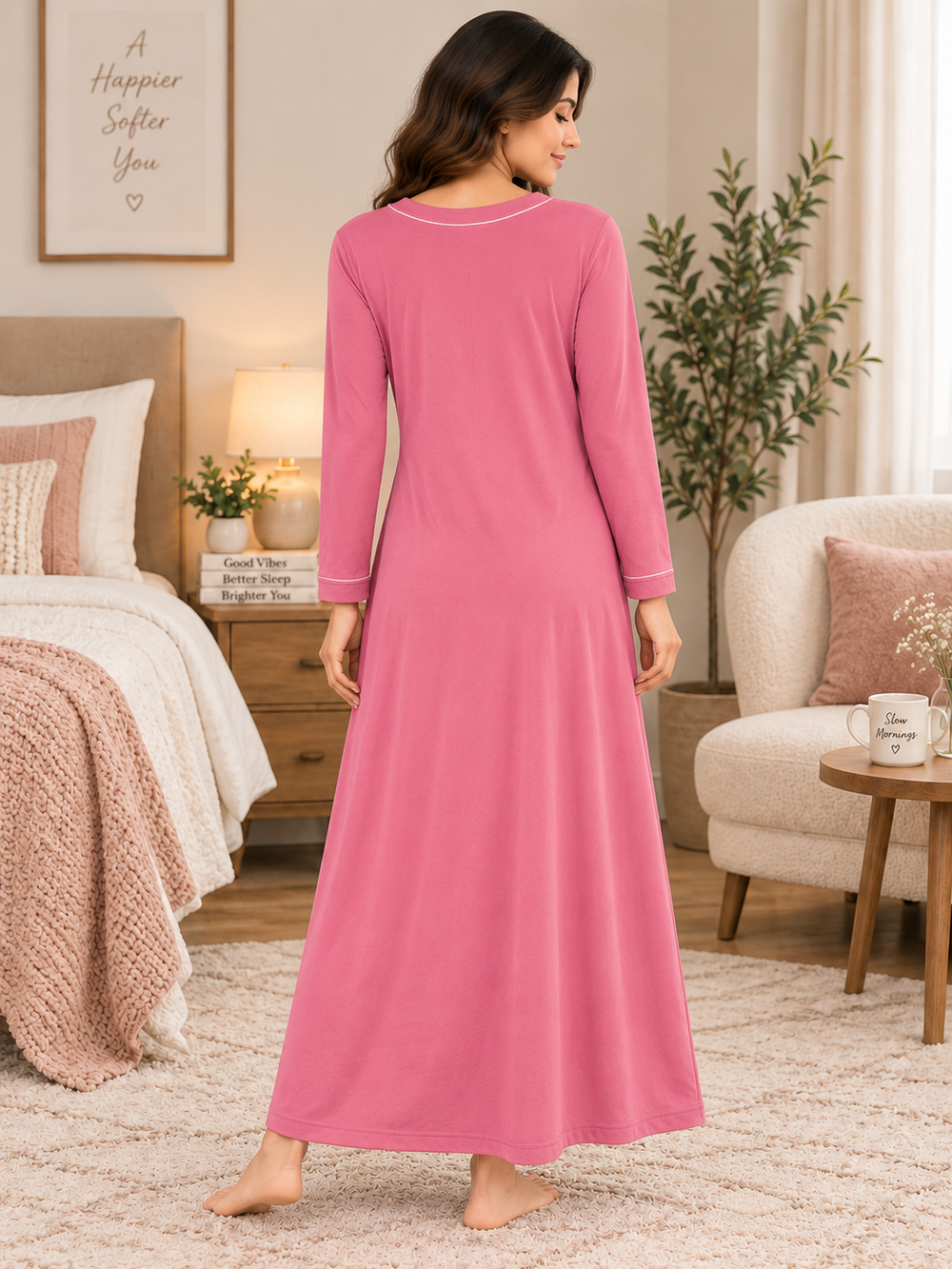 Karavya Pink Round Neck Full Sleeve Cotton Long Nighty