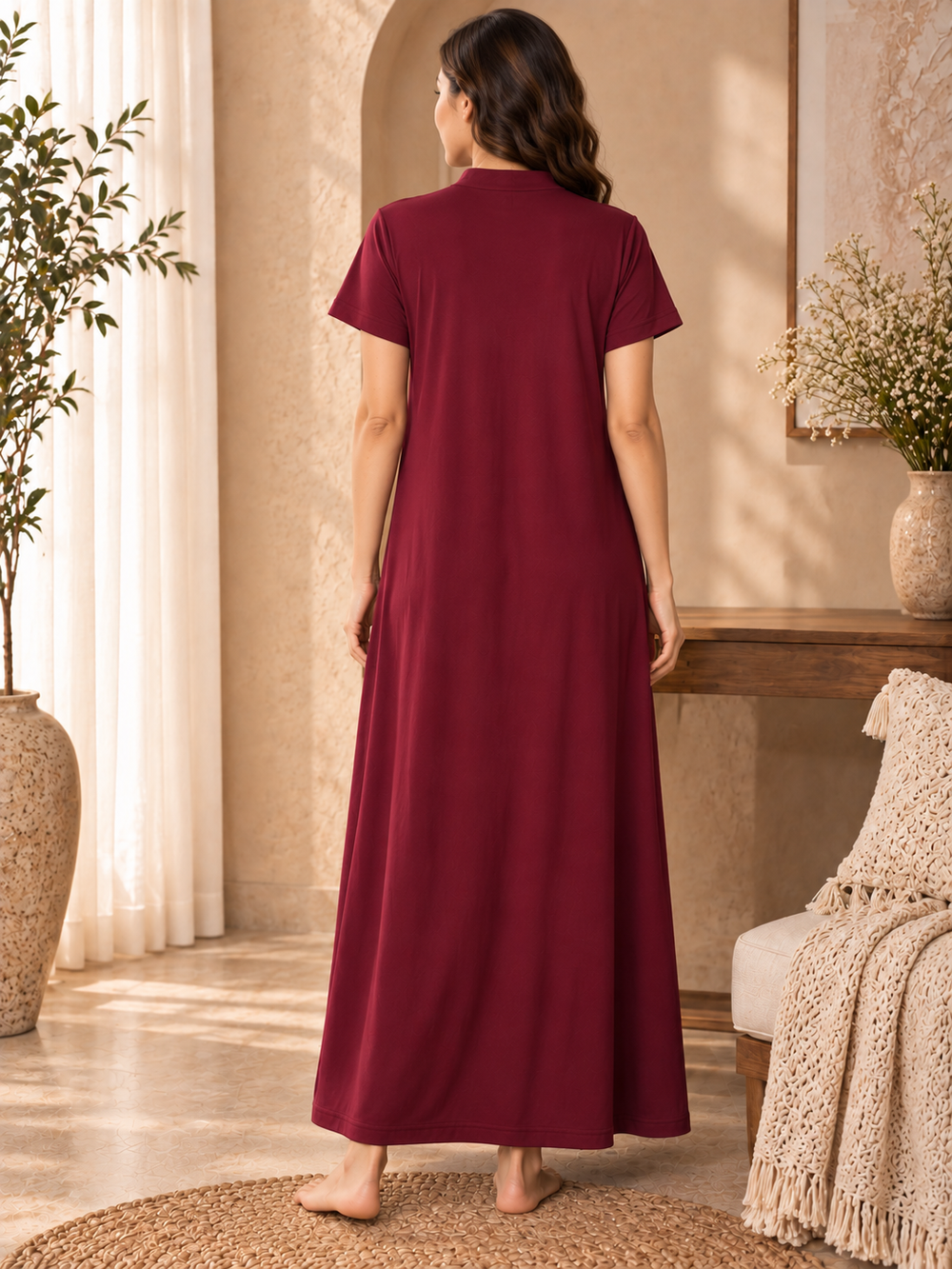 Karavya Wine Cotton Mandarin Collar Long Nighty for Women