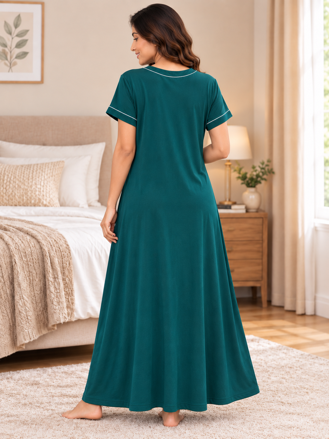 Karavya Teal Green Round Neck Cotton Long Nighty with Contrast Piping