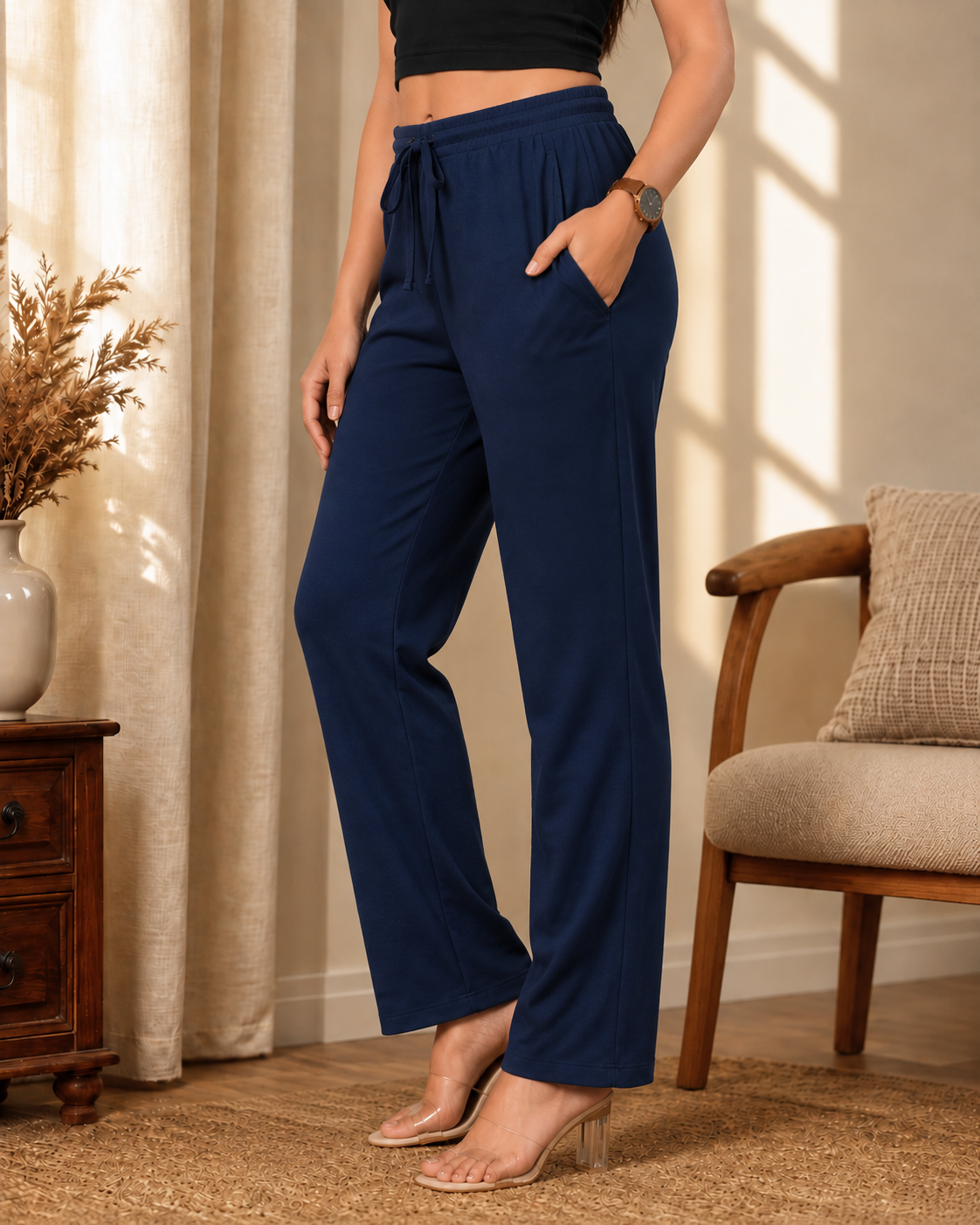 Karavya Navy Blue Cotton Drawstring Straight-Fit Lounge Pajama for Women