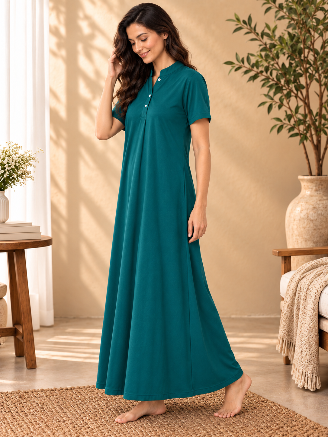 Karavya Teal Green Cotton Mandarin Collar Long Nighty for Women