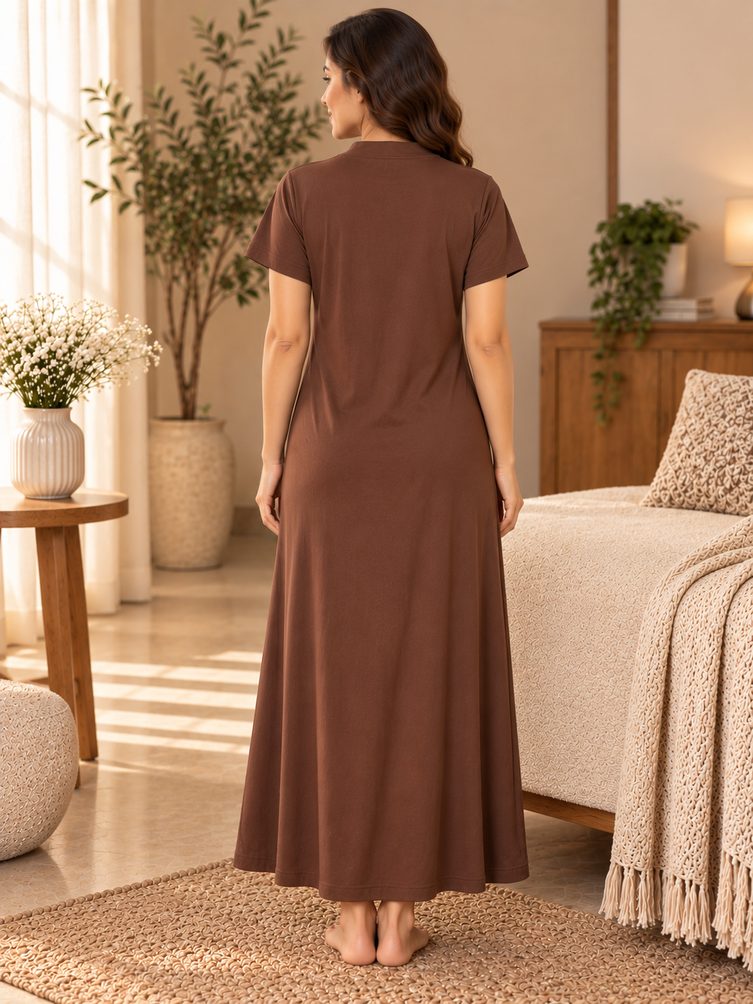 Karavya Coffee Brown Cotton Mandarin Collar Long Nighty for Women