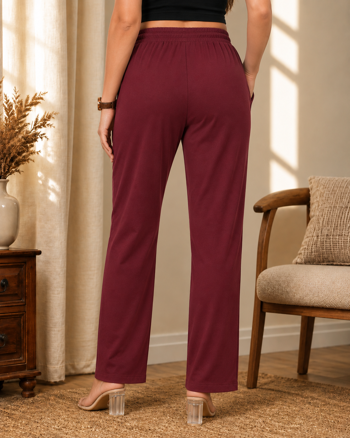 Karavya Wine Cotton Drawstring Lounge Pajama for Women