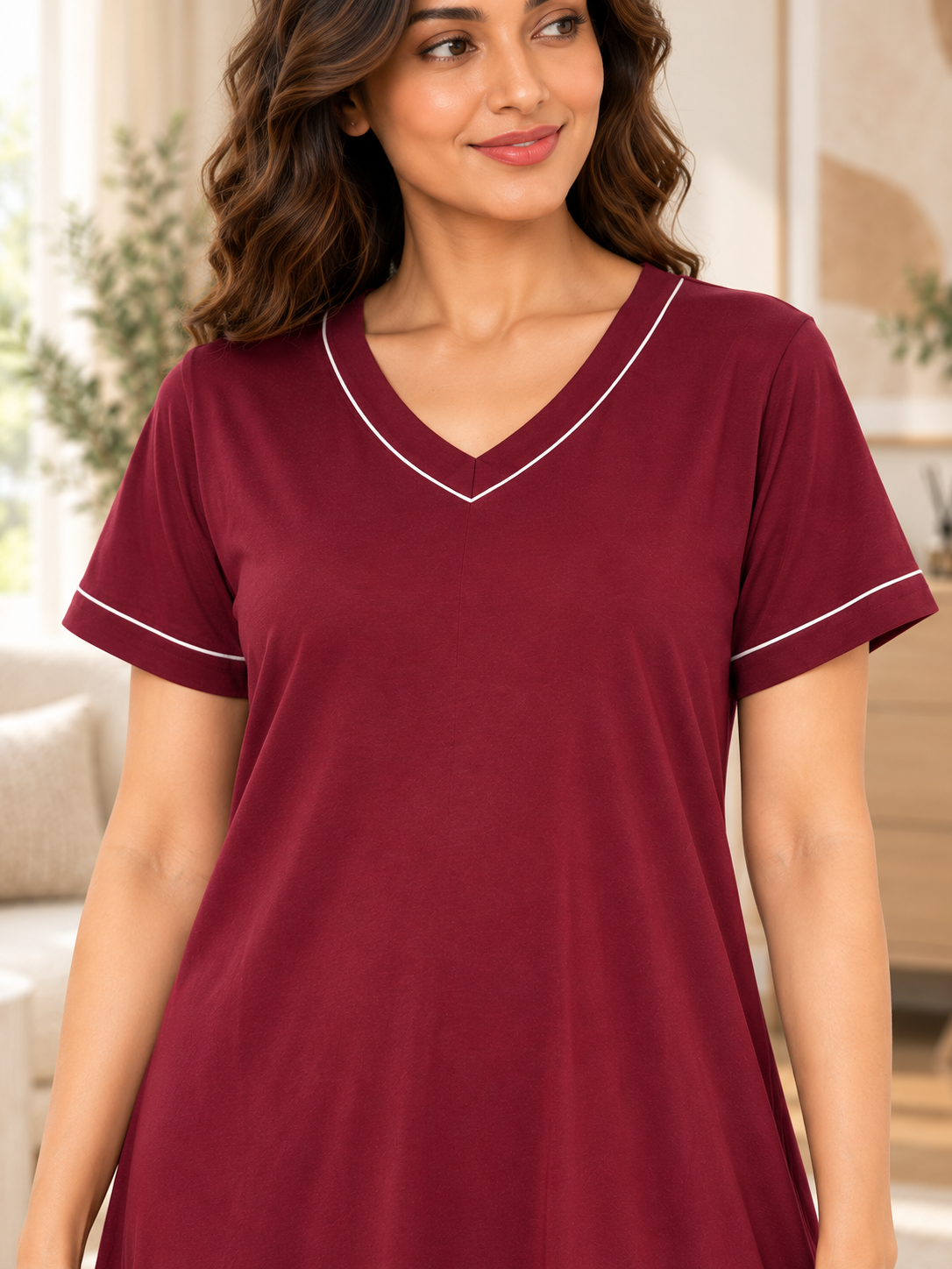 Karavya Wine V-Neck Piped Cotton Long Nighty for Women
