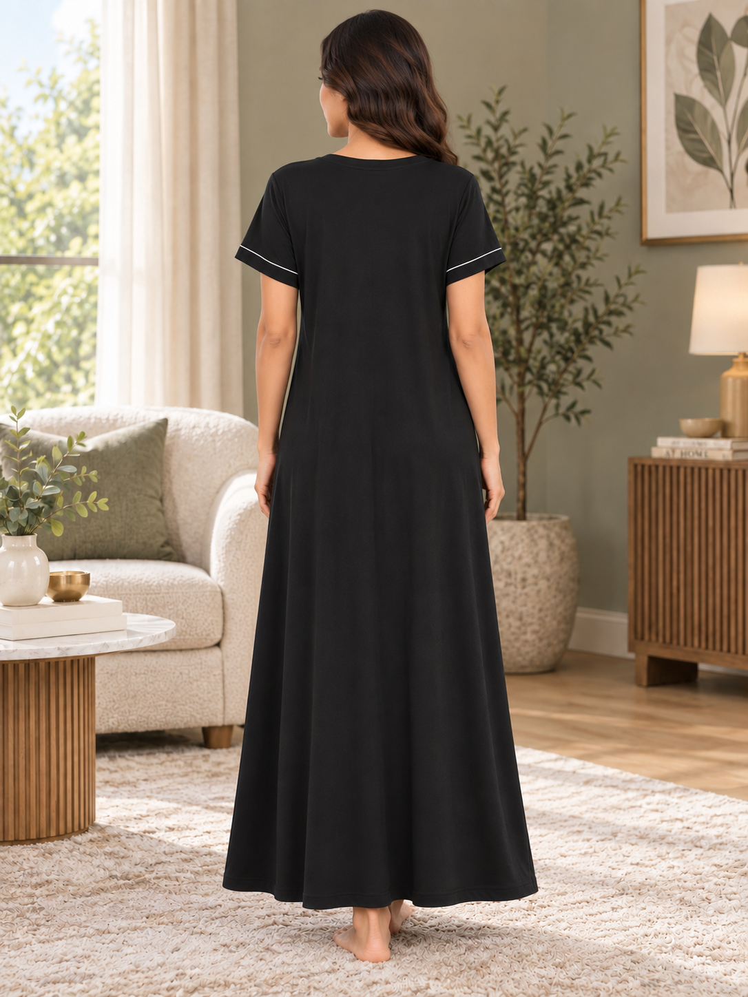 Karavya Black V-Neck Piped Cotton Long Nighty for Women