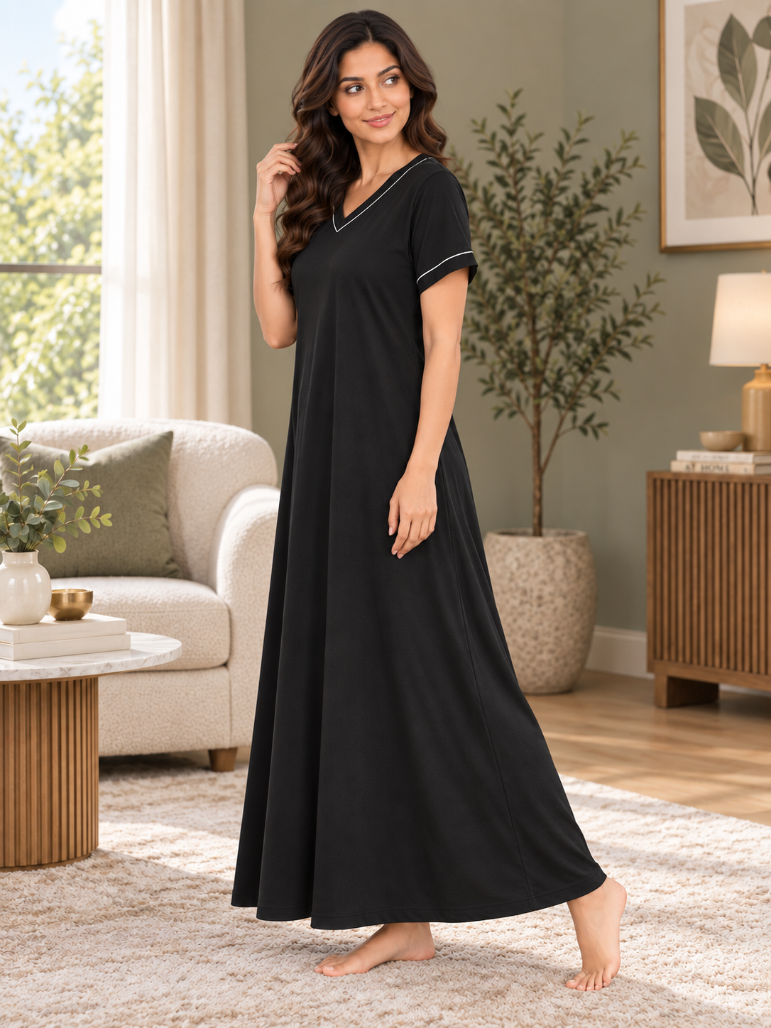 Karavya Black V-Neck Piped Cotton Long Nighty for Women
