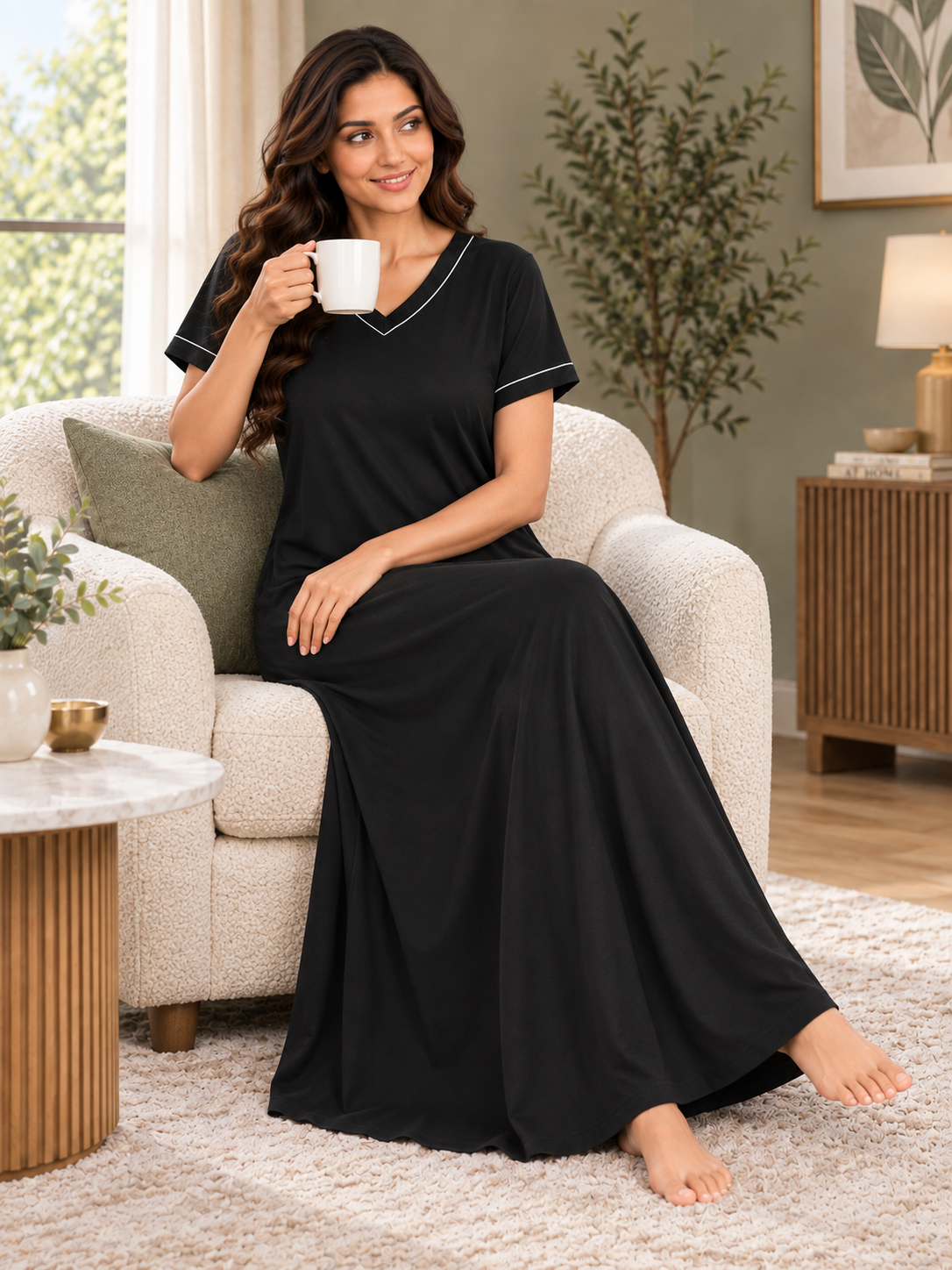 Karavya Black V-Neck Piped Cotton Long Nighty for Women