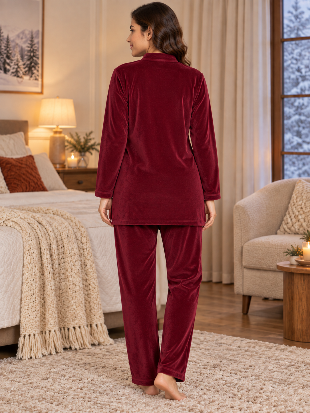 Karavya Wine Velvet Mandarin Collar Winter Night Suit for Women