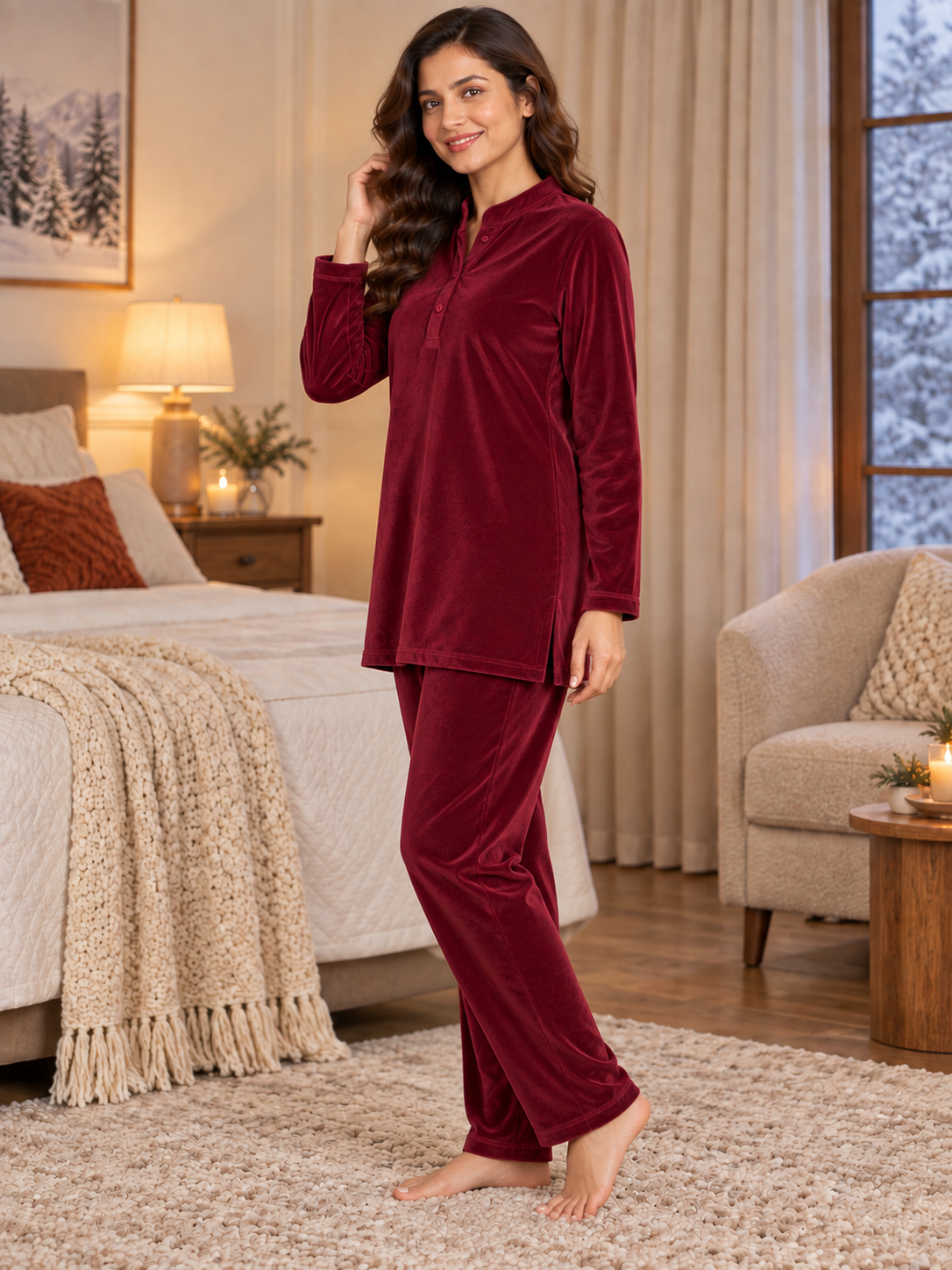 Karavya Wine Velvet Mandarin Collar Winter Night Suit for Women
