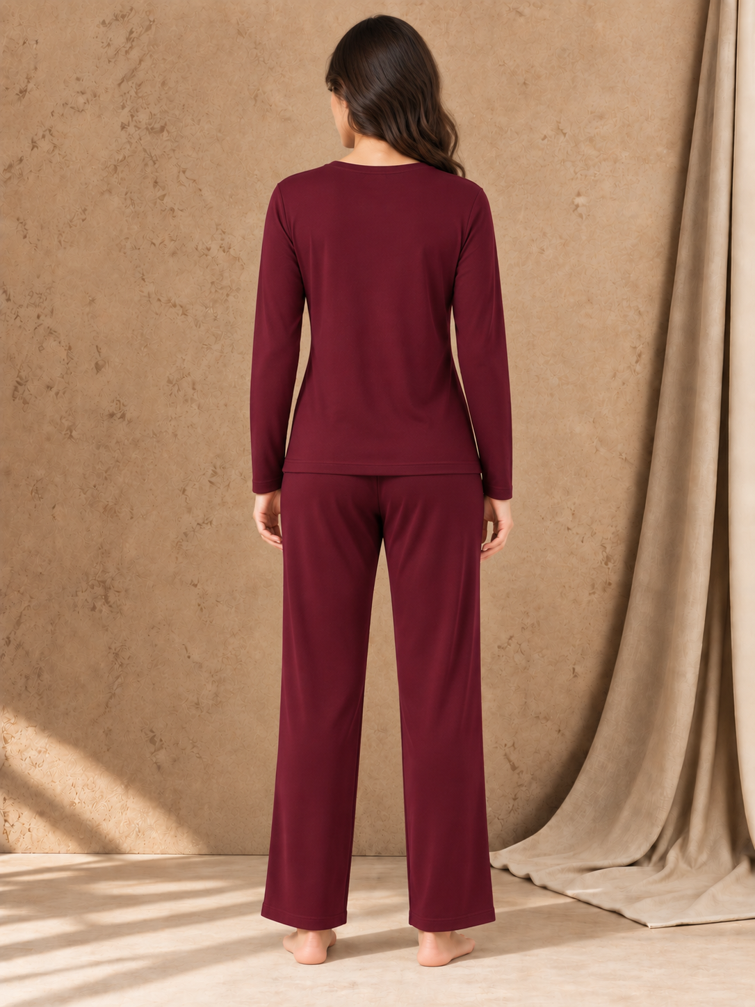 Karavya Wine Round Neck Cotton Full Sleeve Night Suit for Women