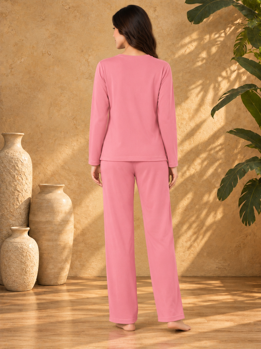 Karavya Pink Round Neck Cotton Full Sleeve Night Suit for Women