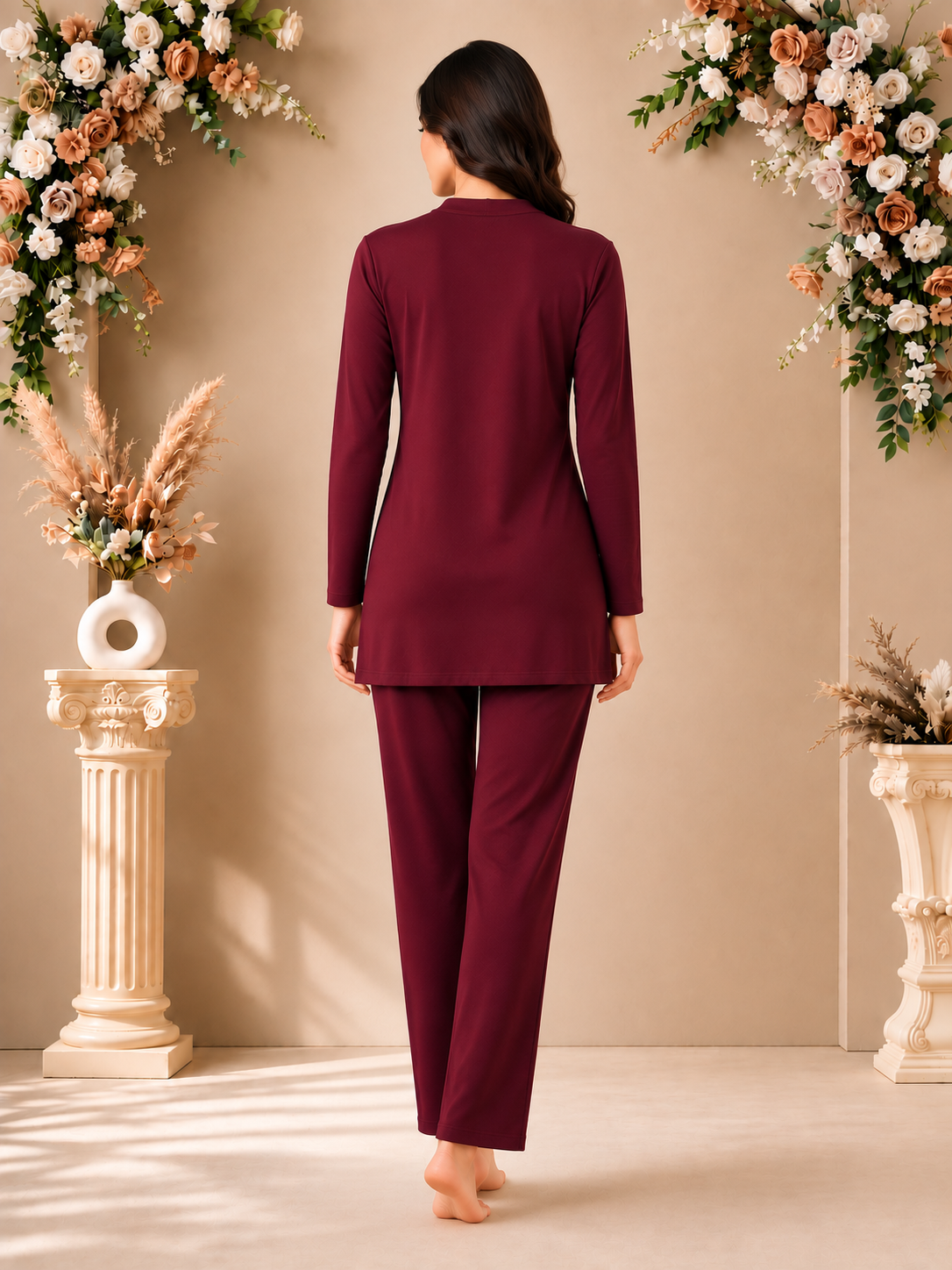Karavya Wine Long Style Mandarin Collar Cotton Full Sleeve Night Suit for Women