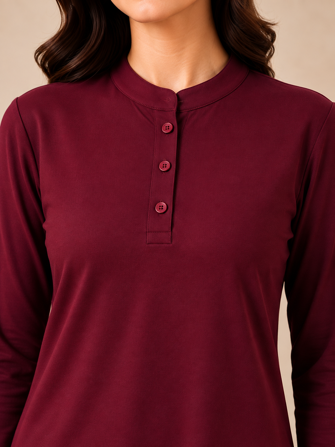 Karavya Wine Long Style Mandarin Collar Cotton Full Sleeve Night Suit for Women