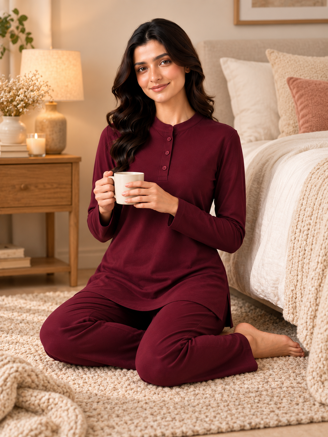Karavya Wine Long Style Mandarin Collar Cotton Full Sleeve Night Suit for Women