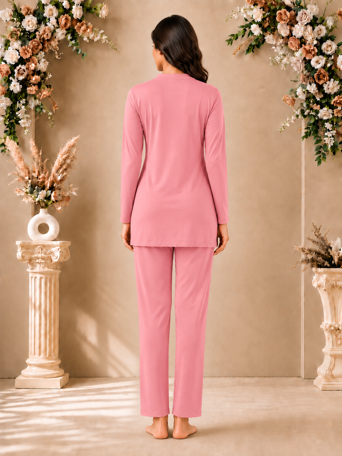 Karavya Pink Long Style Mandarin Collar Cotton Full Sleeve Night Suit for Women
