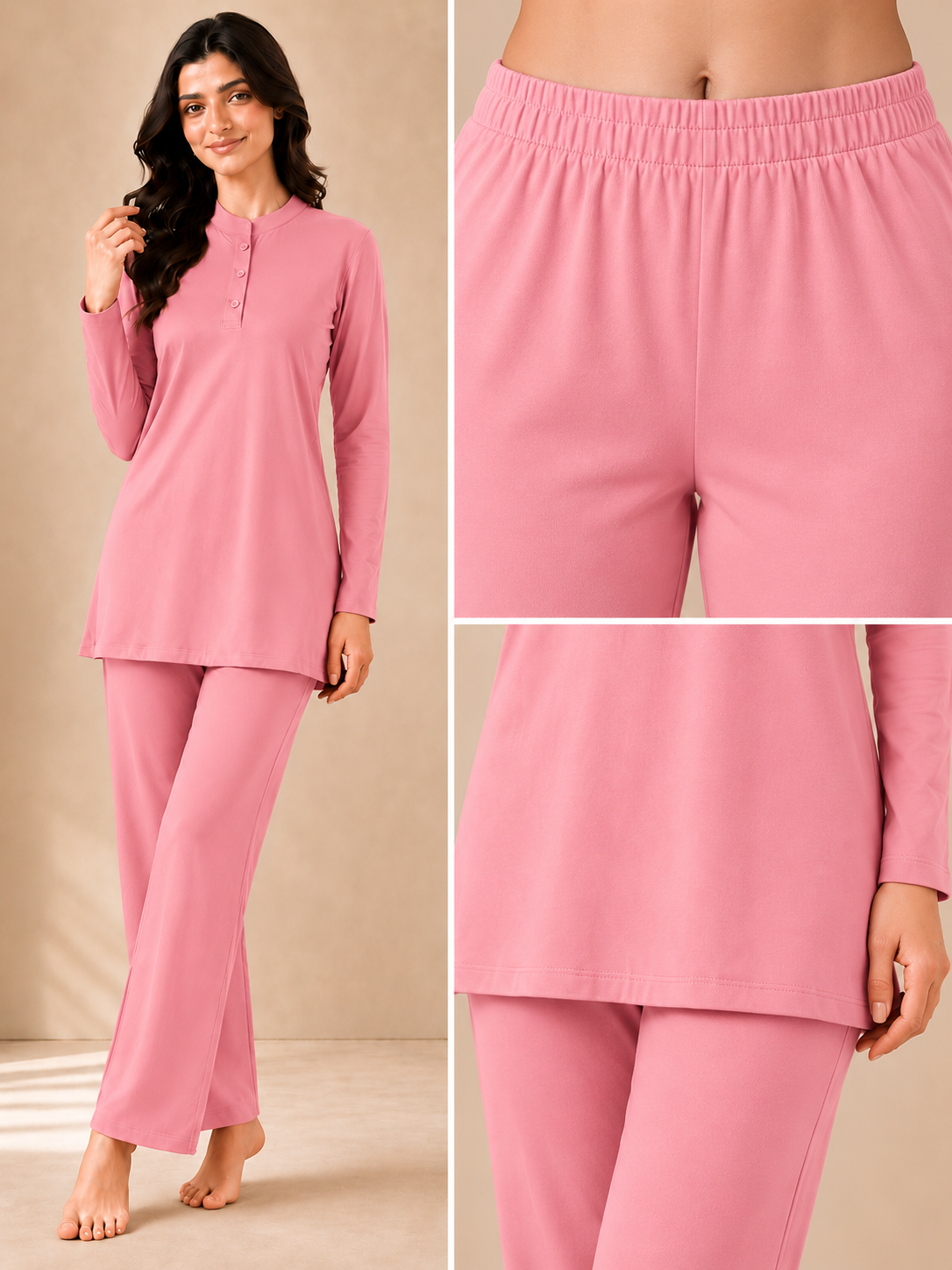 Karavya Pink Long Style Mandarin Collar Cotton Full Sleeve Night Suit for Women