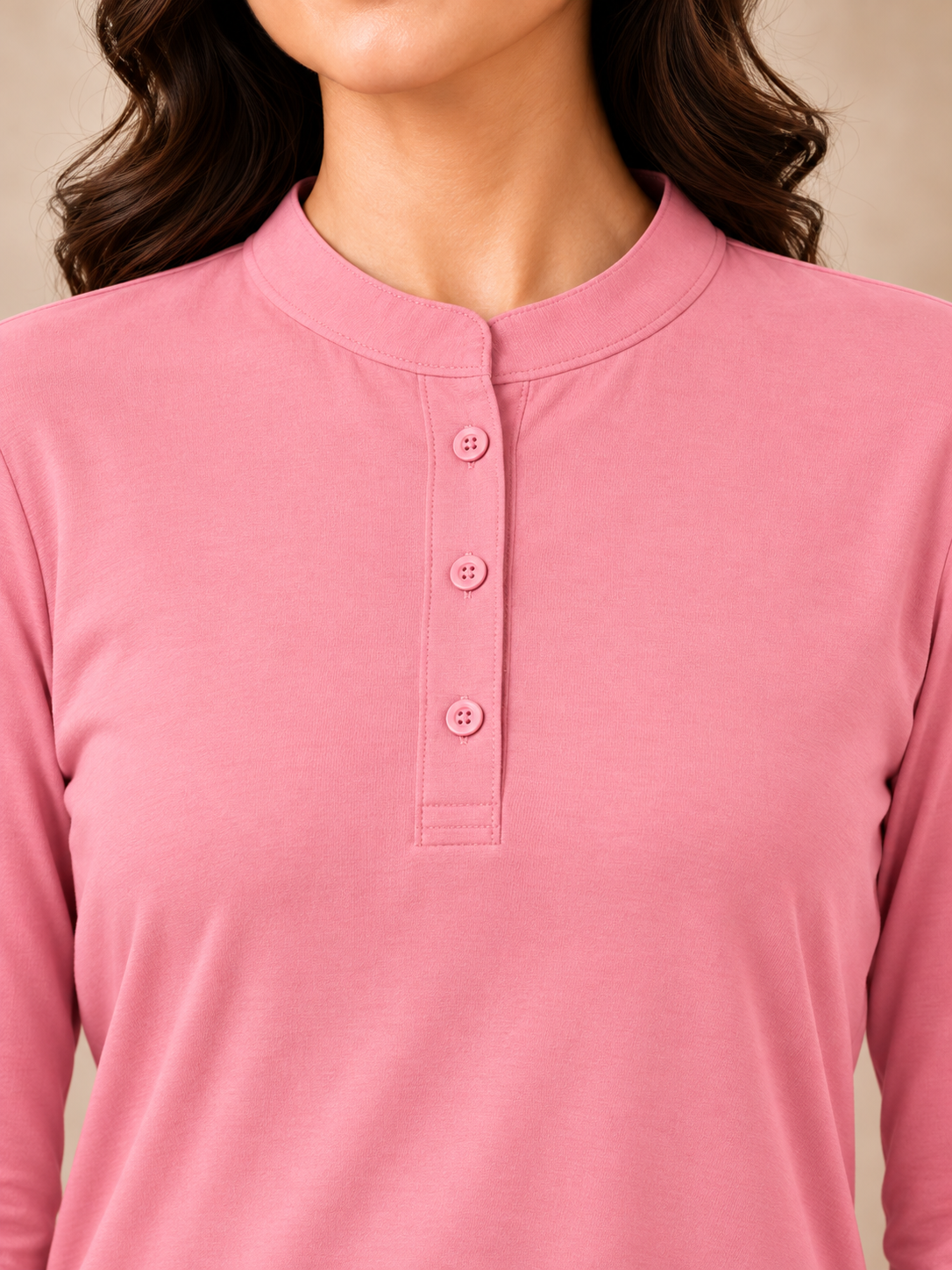 Karavya Pink Long Style Mandarin Collar Cotton Full Sleeve Night Suit for Women