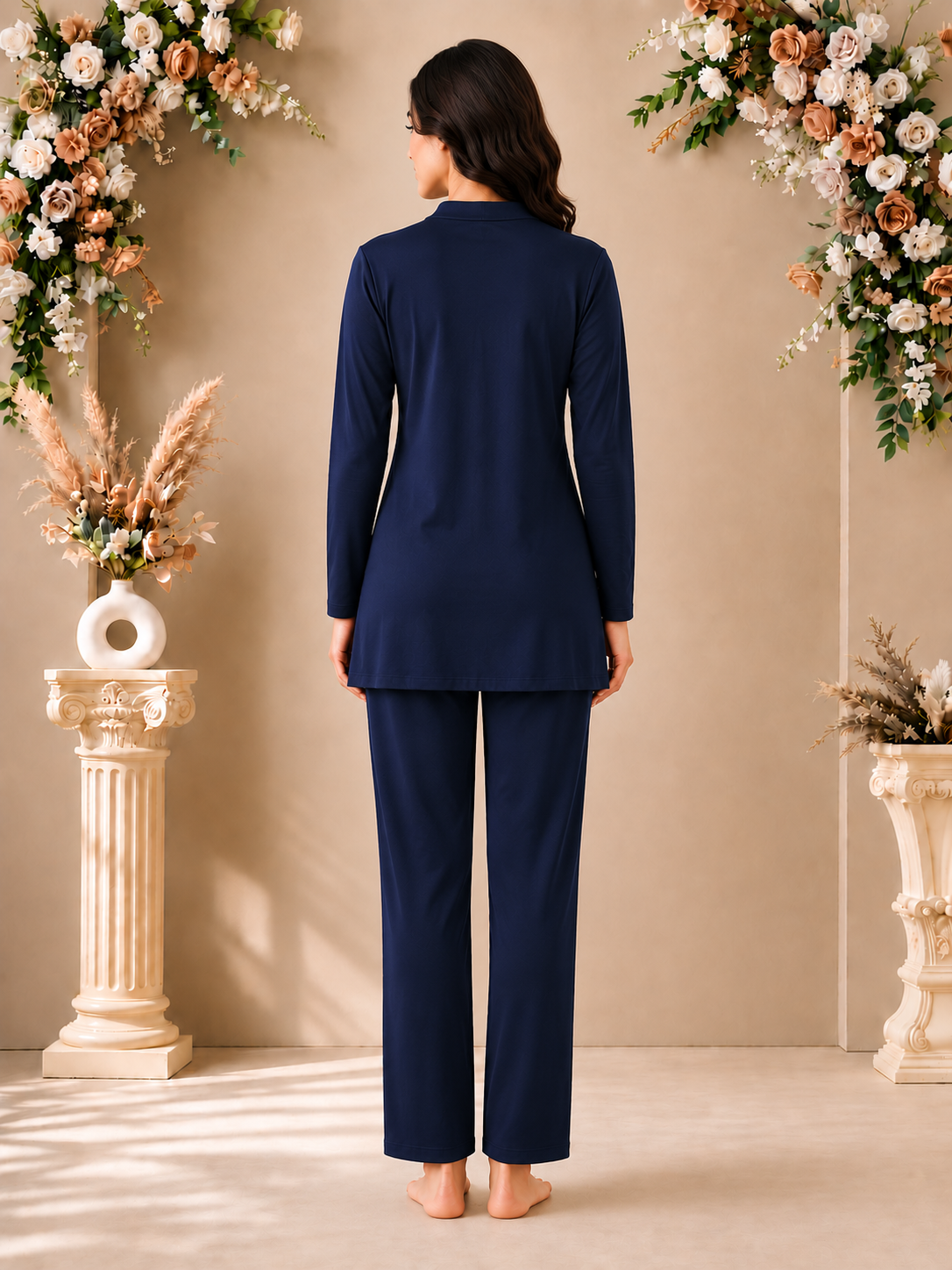 Karavya Navy Blue Long Style Mandarin Collar Cotton Full Sleeve Night Suit for Women