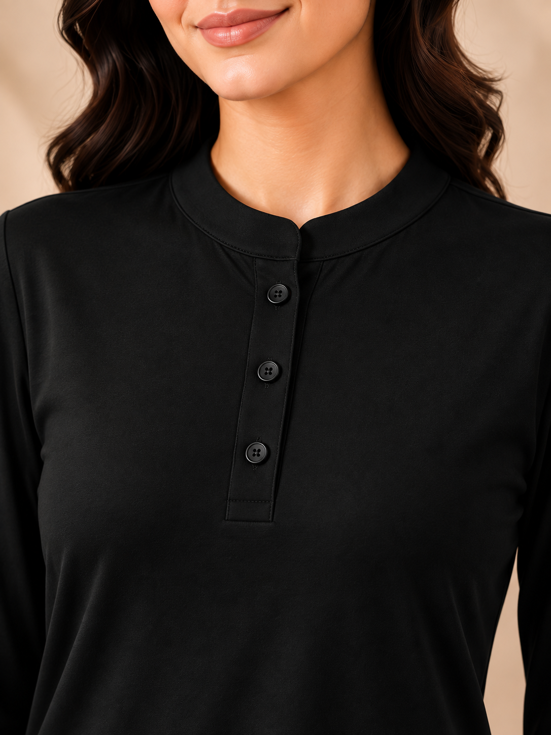 Karavya Black Long Style Mandarin Collar Cotton Full Sleeve Night Suit for Women