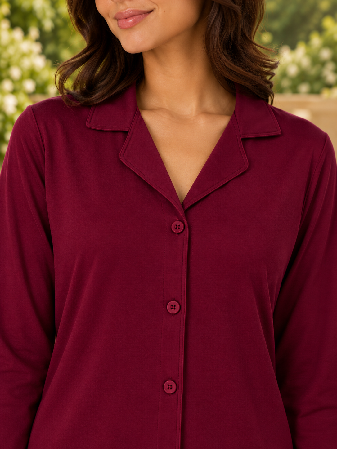 Karavya Wine Front-Open Cotton Full Sleeve Night Suit for Women