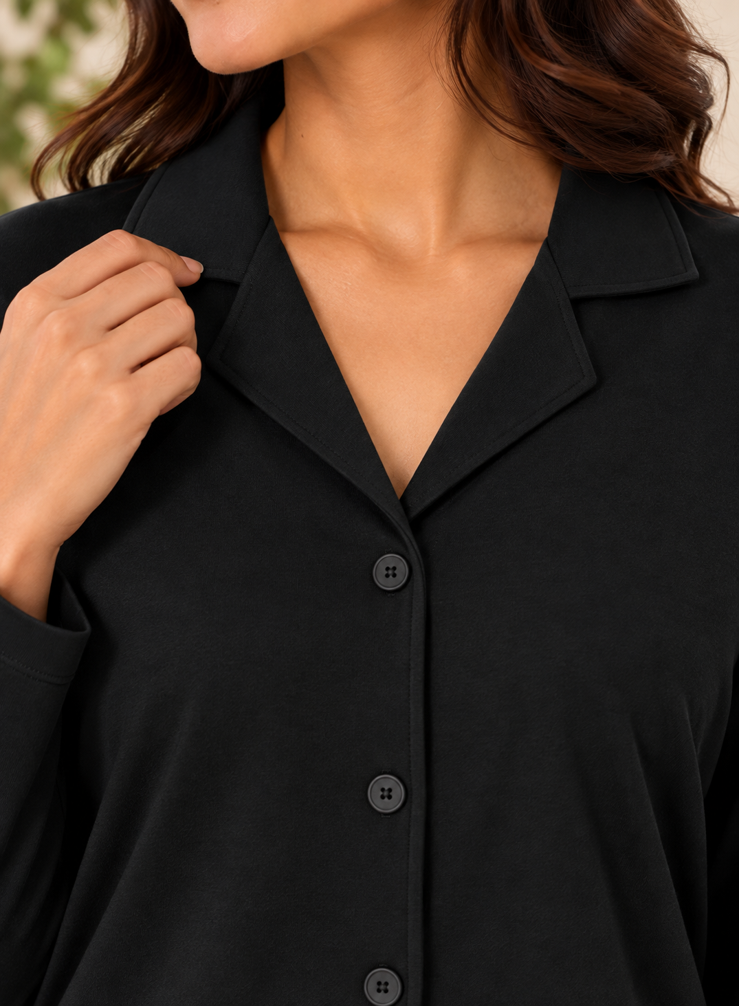 Karavya Black Front-Open Cotton Full Sleeve Night Suit for Women