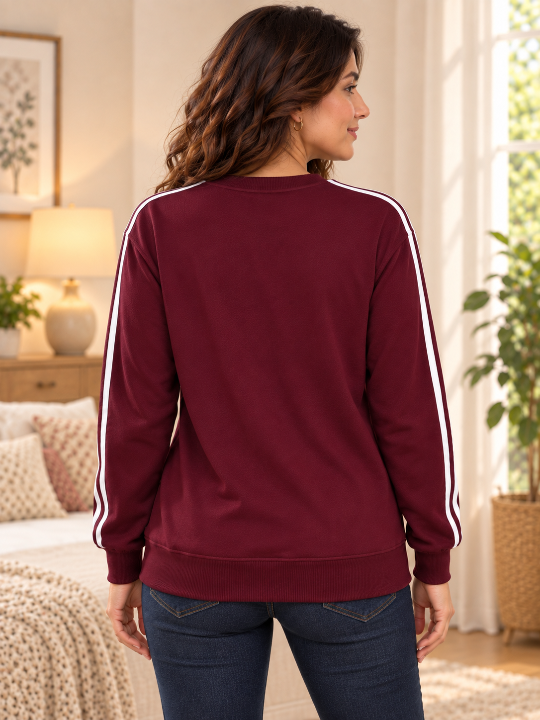 Karavya Wine Double Stripe Fleece Sweatshirt for Women – Winter Wear