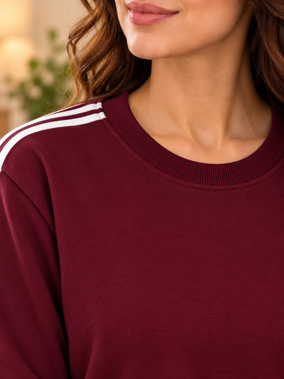 Karavya Wine Double Stripe Fleece Sweatshirt for Women – Winter Wear