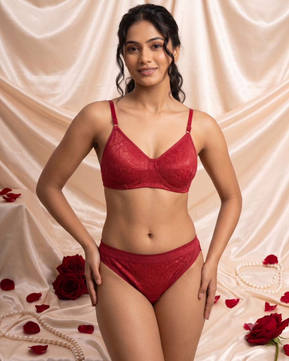 Karavya Ruby Red Textured Lingerie Set