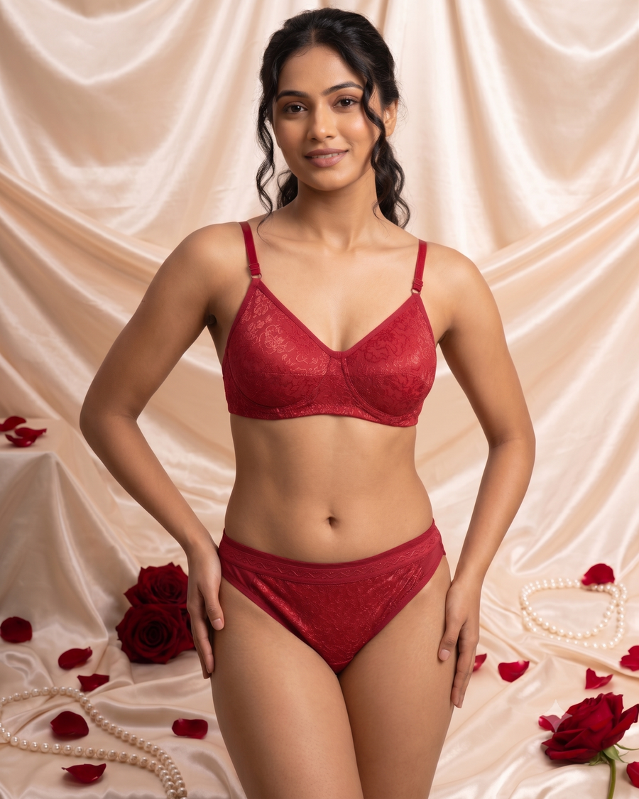 Karavya Ruby Red Textured Lingerie Set