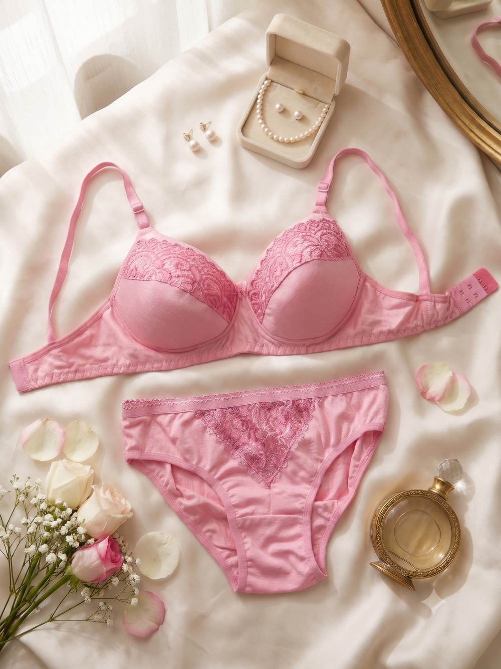 Karavya Soft Pink Lace Bra & Panty Set – Elegant Everyday Lingerie