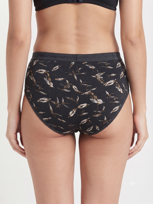 Karavya Black Printed High-Waist Women's Brief – Feather Print Full Coverage Panty