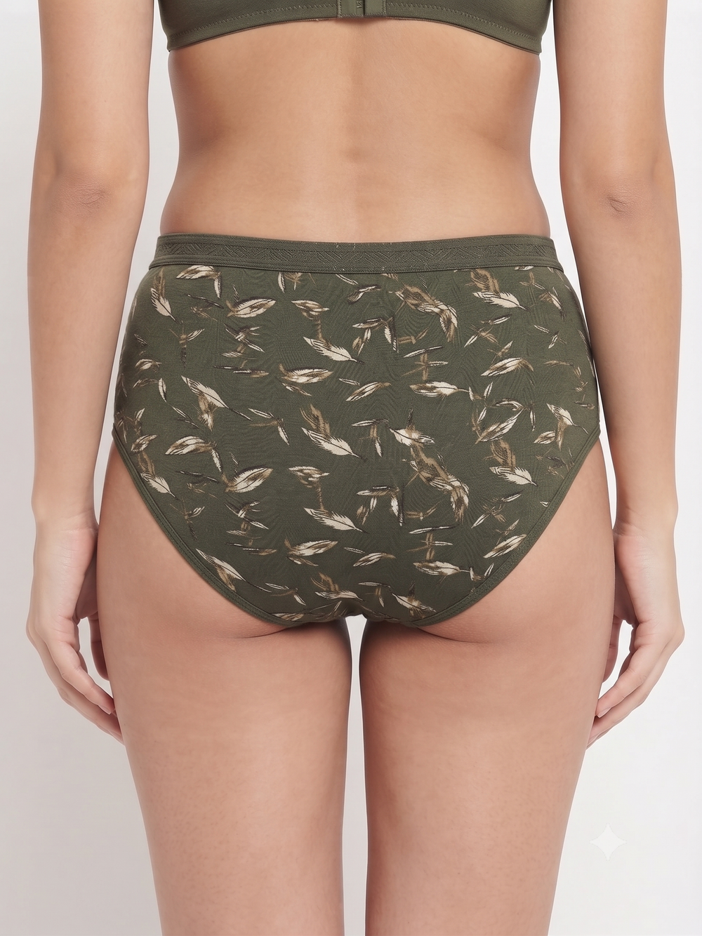 Karavya Olive Green Printed High-Waist Women’s Brief – Feather Pattern Full Coverage Panty