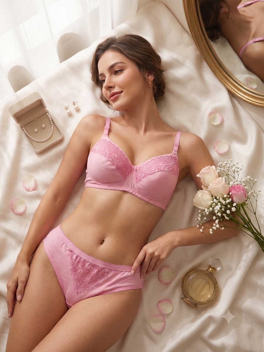 Karavya Soft Pink Lace Bra & Panty Set – Elegant Everyday Lingerie