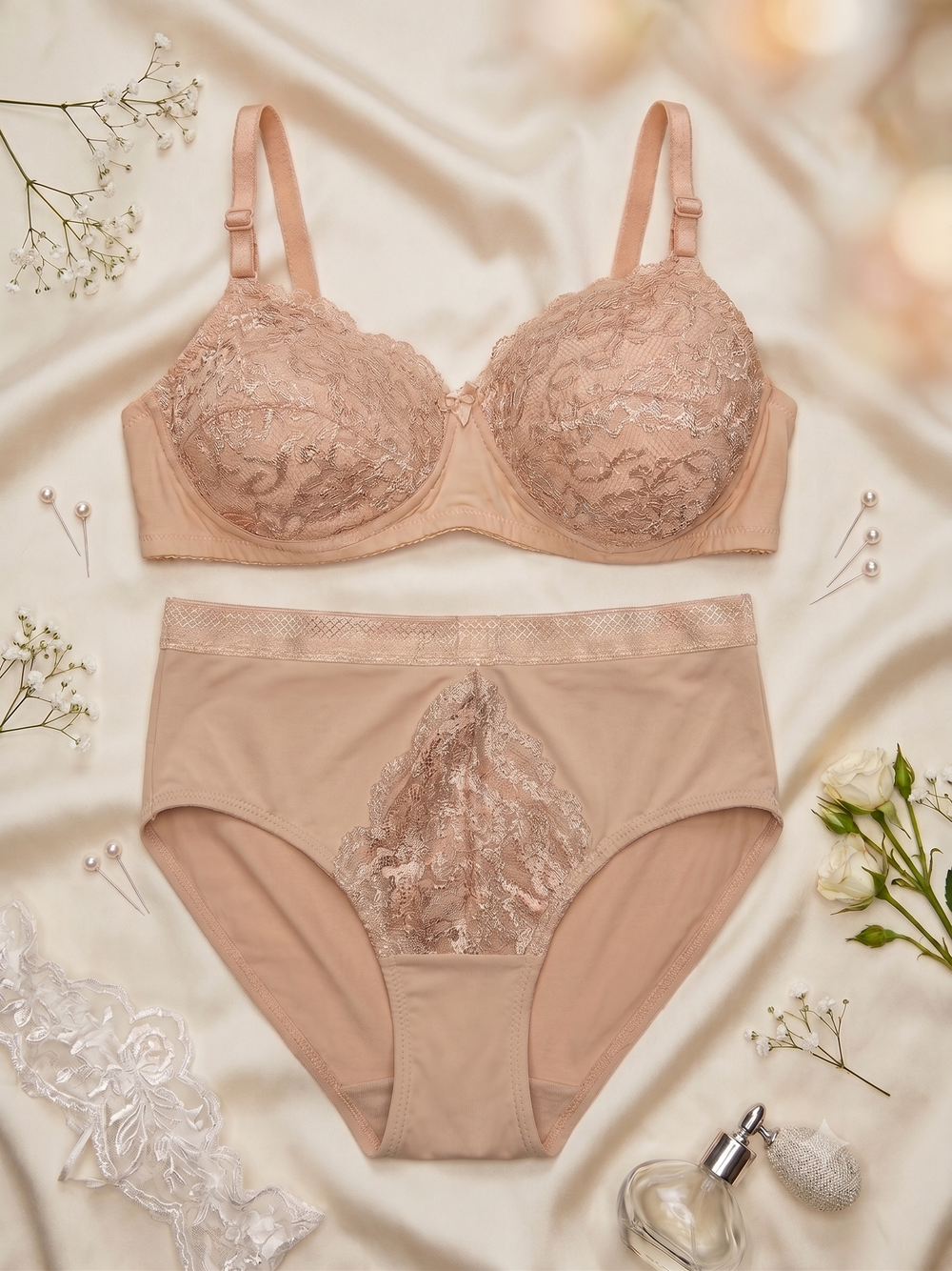 Karavya Nude Beige Lace Lingerie Set
