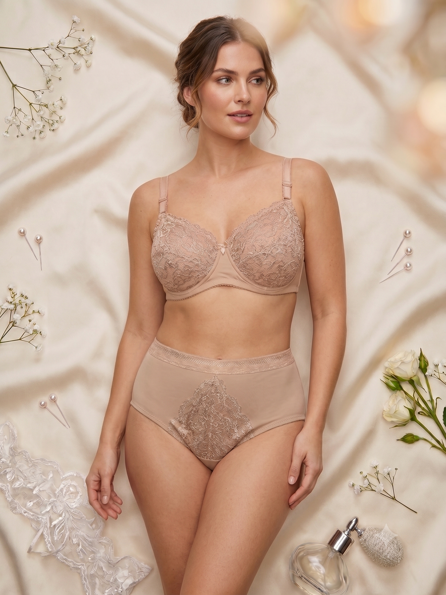 Karavya Nude Beige Lace Lingerie Set