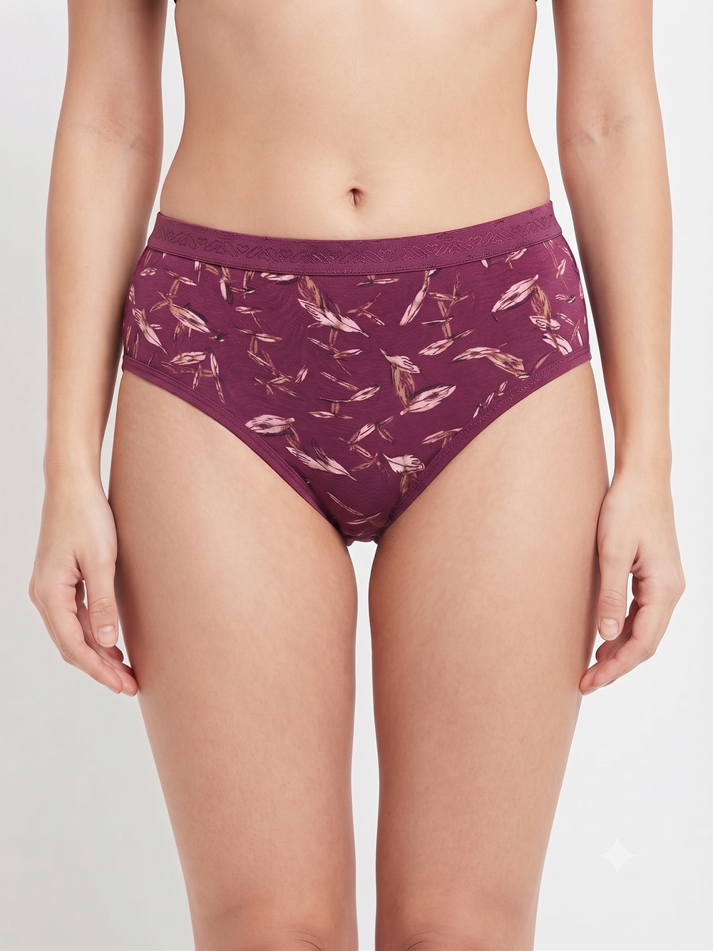 Karavya Wine Printed High-Waist Women's Brief – Feather Pattern Full Coverage Panty