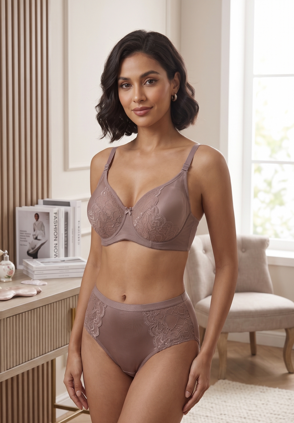 Karavya Mocha Lace Bra & Panty Set