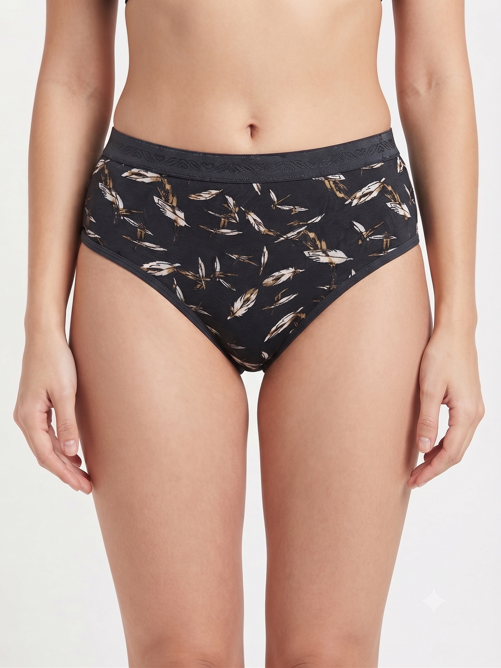 Karavya Black Printed High-Waist Women's Brief – Feather Print Full Coverage Panty