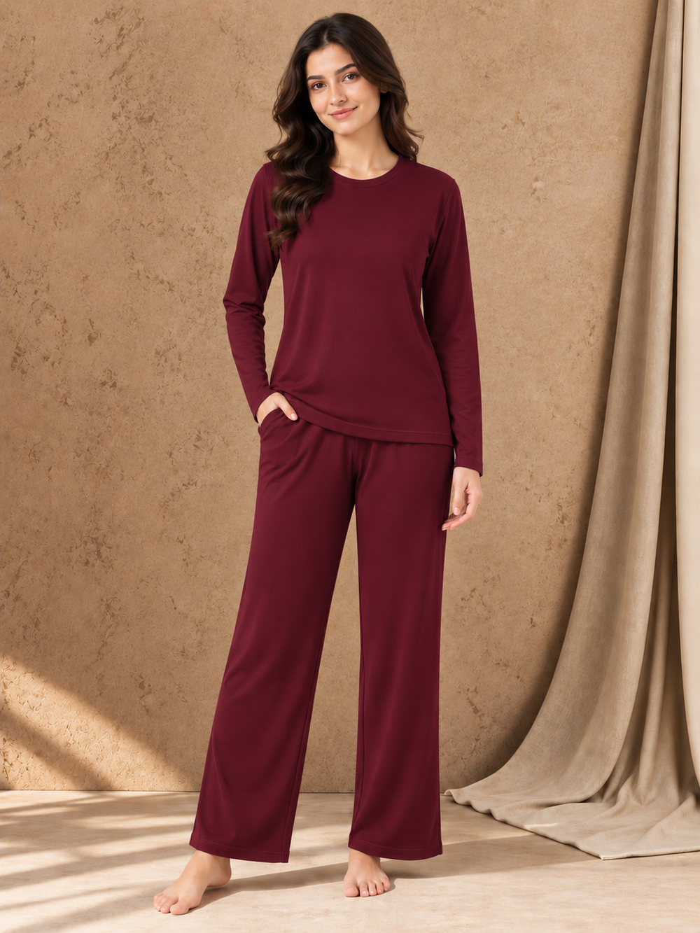Karavya Wine Round Neck Cotton Full Sleeve Night Suit for Women