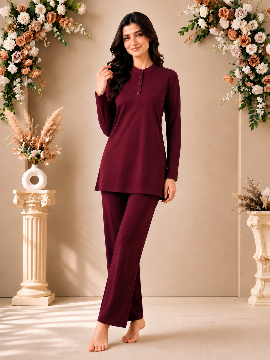 Karavya Wine Long Style Mandarin Collar Cotton Full Sleeve Night Suit for Women