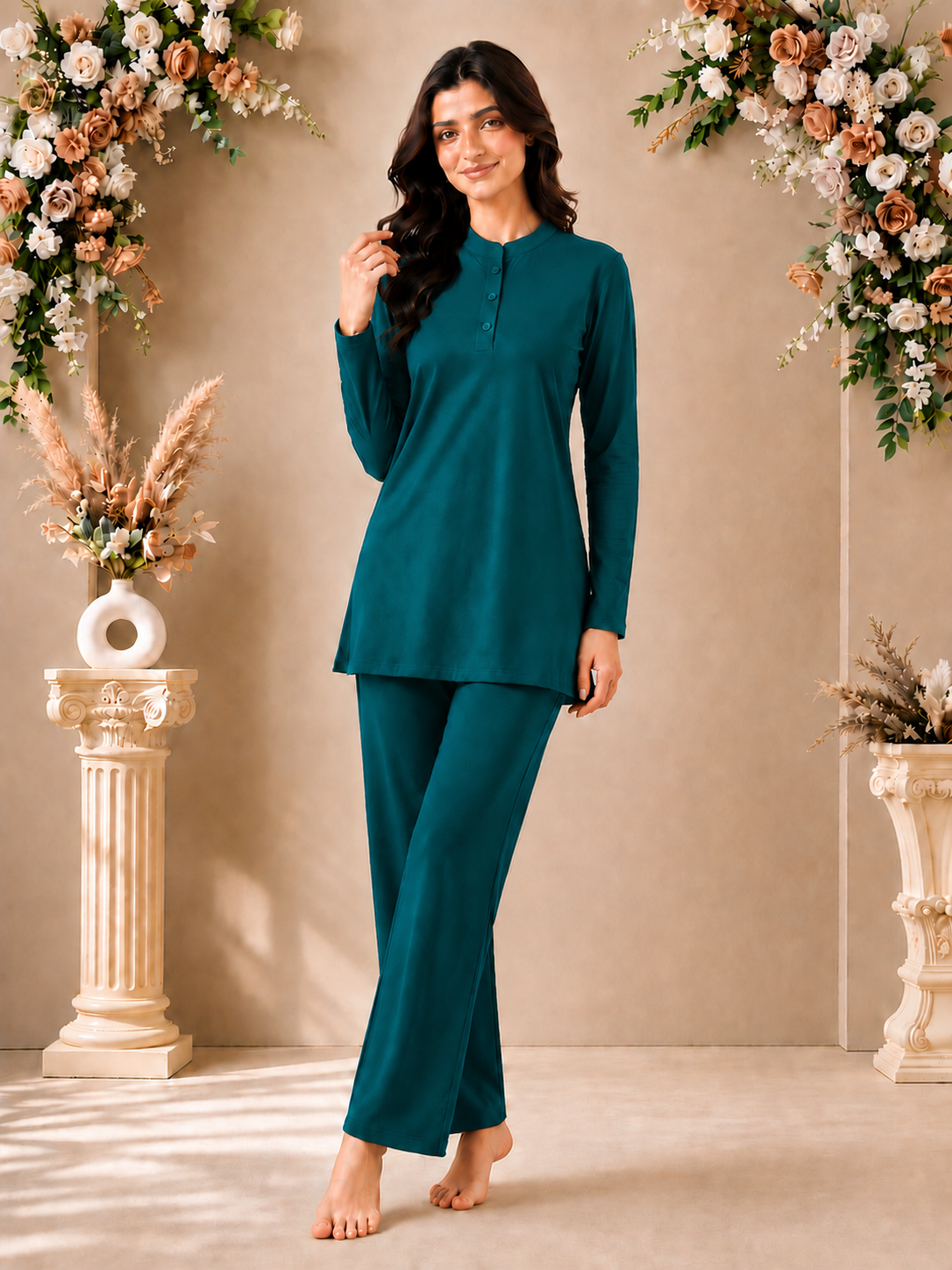 Karavya Teal Green Long Style Mandarin Collar Cotton Full Sleeve Night Suit for Women