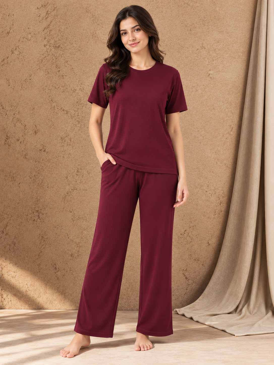 Karavya Wine Comfort Cotton Night Suit for Women