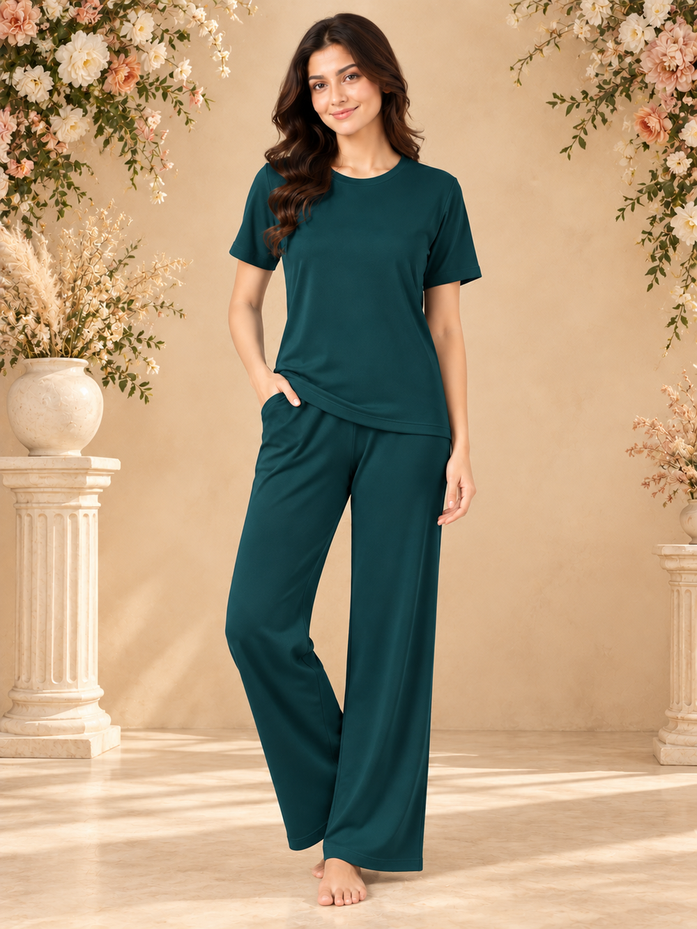 Karavya Teal Green Comfort Cotton Night Suit for Women