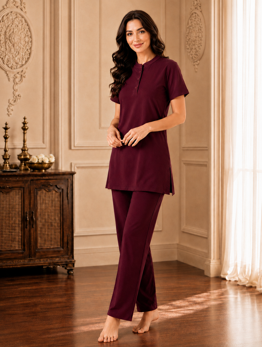 Karavya Wine Mandarin Collar Longline Cotton Night Suit for Women