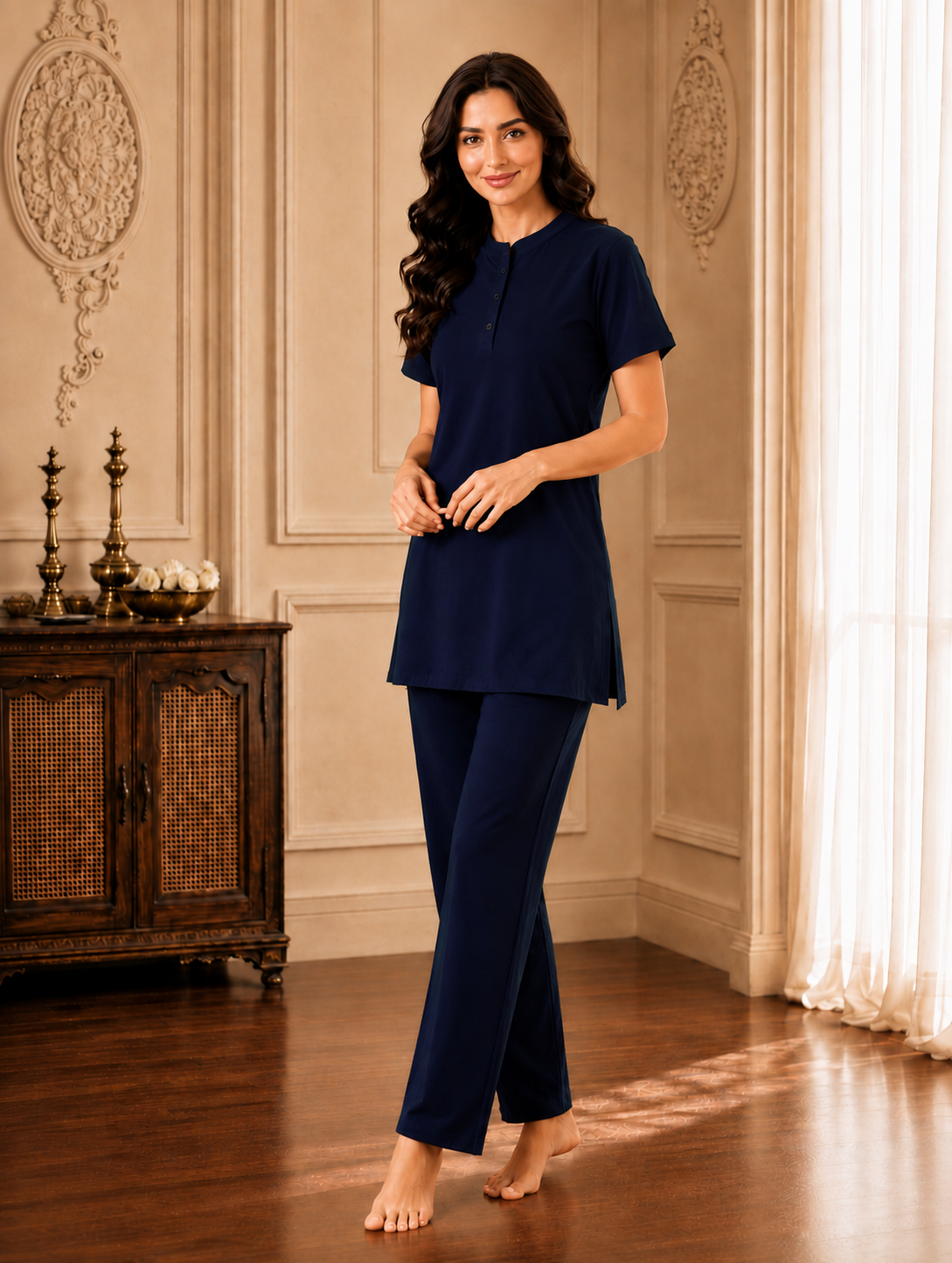 Karavya Navy Blue Mandarin Collar Longline Cotton Night Suit for Women