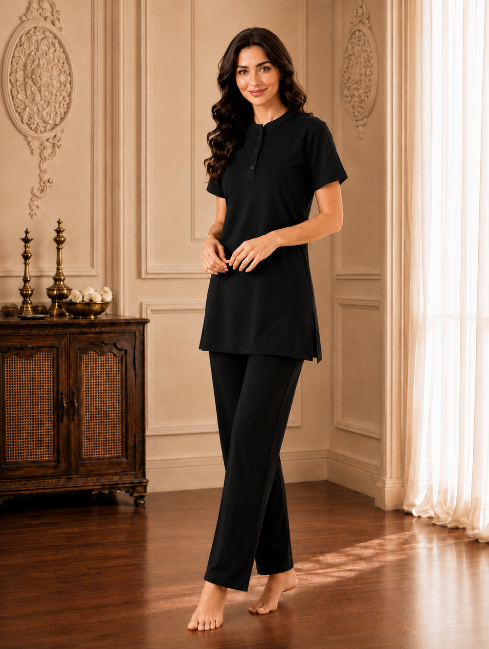 Karavya Classic Black Mandarin Collar Longline Cotton Night Suit for Women