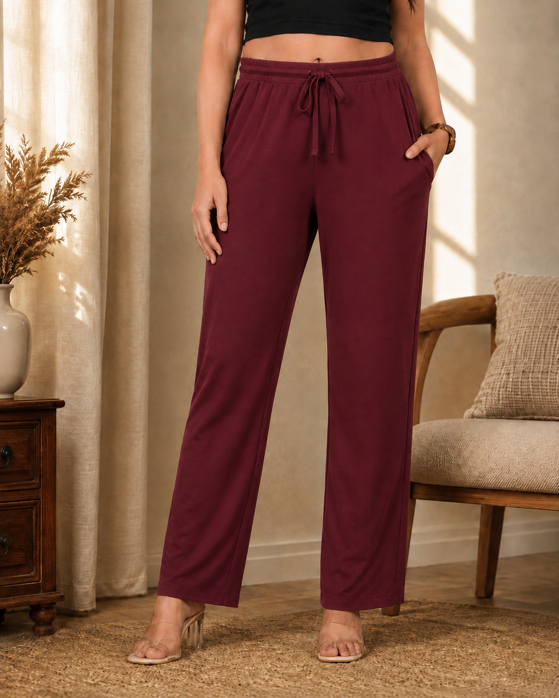 Karavya Wine Cotton Drawstring Lounge Pajama for Women