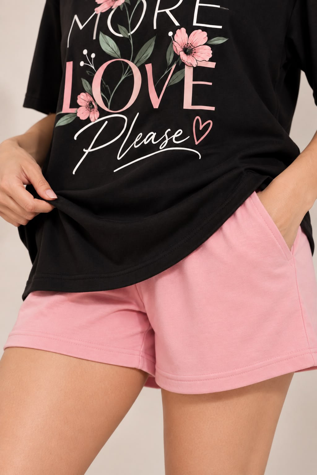 Karavya Black More Love Printed Women’s T-Shirt & Pink Shorts Nightwear Set